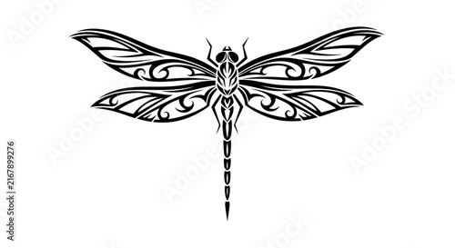 Detailed dragonfly with ornate wings.