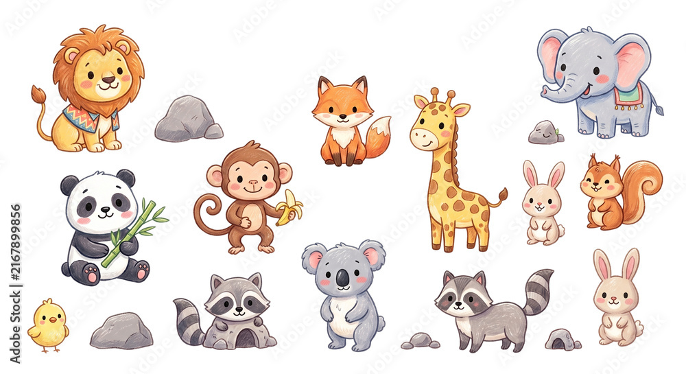 Obraz premium Cute Safari and Woodland Baby Animals Hand Drawn Crayon Illustration Set