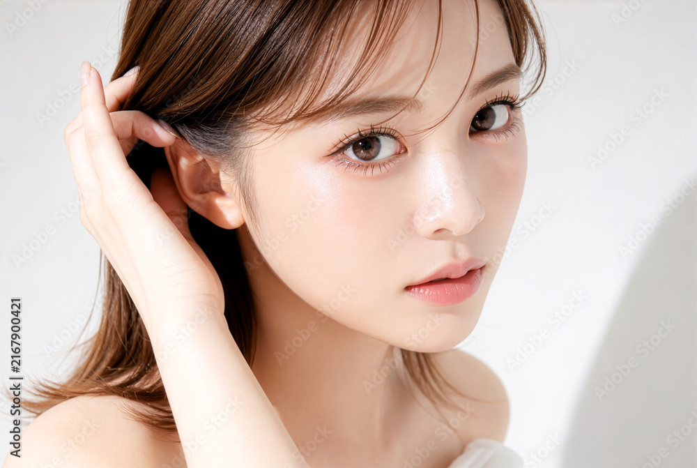 Fototapeta premium 髪に手を添えながらカメラを見る日本人女性の美しい肌とブラウンヘア美容ポートレート