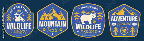 Mountain and wildlife badges, stickers, patches, design collection.Retro style adventure emblems for outdoor activity.