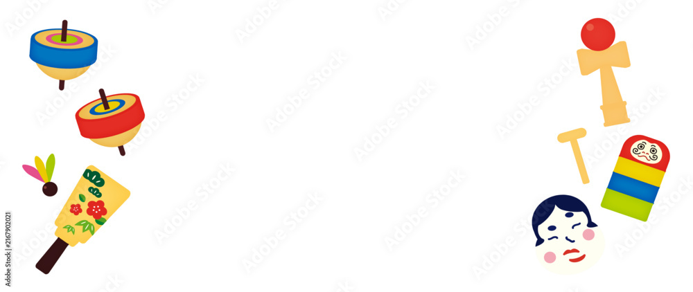Fototapeta premium 日本の昔ながらのお正月遊びの玩具イラスト（駒・けん玉・羽子板と羽根・だるま・おかめの面) かわいいフラットデザイン