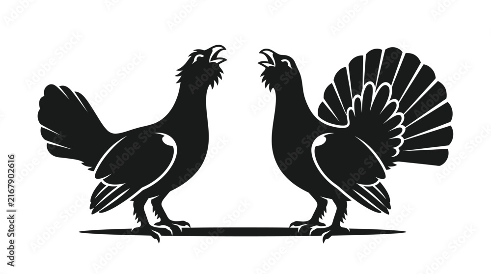 Naklejka premium Two black capercaillie birds display iconic mating behavior in this elegant minimalist vector graphic art style