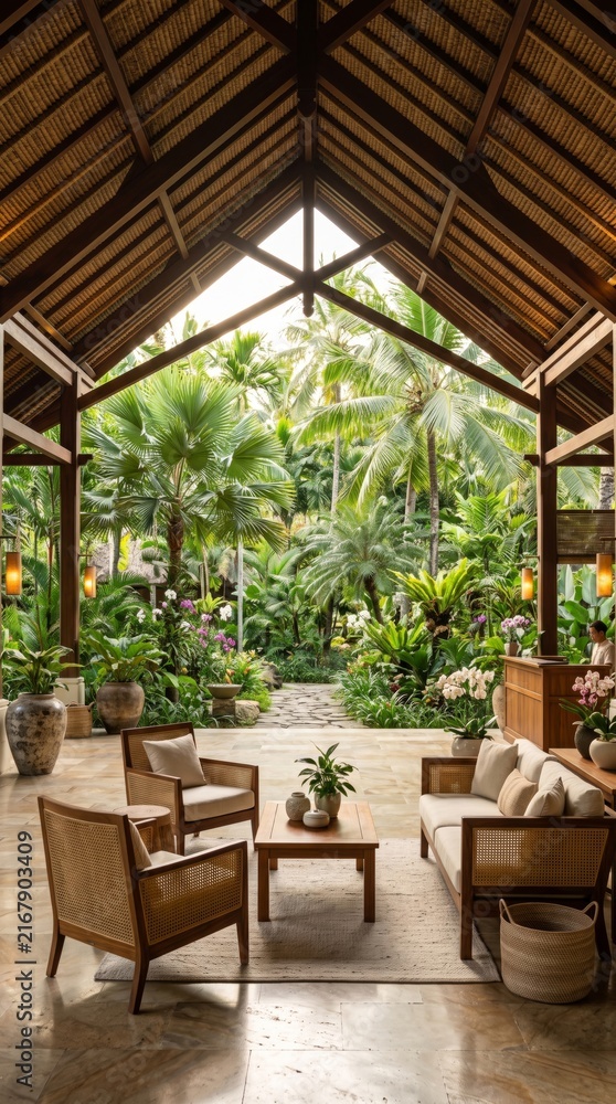 Fototapeta premium Chic tropical lounge bathed in natural light with vibrant greenery and sophisticated decor creating a serene atmosphere