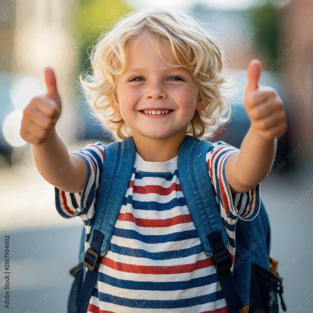 Naklejka premium Cheerful blond boy shows two thumbs up wearing striped t-shirt, blue backpack. Happy elementary student smiles confidently with school bag on shoulders. Young kid ready for first day of school