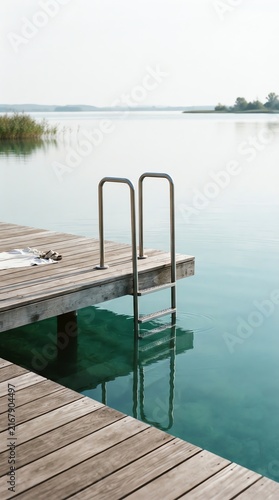 Serene Waterfront Dock with Ladder and Calm Water Scene.