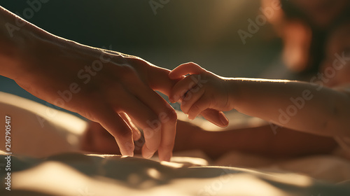 Tender moment between newborn baby and parents, symbolizing unconditional love, family connection, protection, and precious memories.