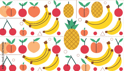 Colorful floral pattern with golden pineapples and red berries.