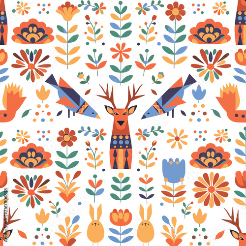 Colorful floral pattern with geometric shapes and vases.