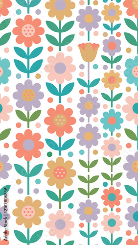 Colorful floral pattern with green leaves and orange flowers.