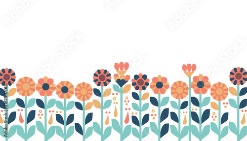 Colorful floral pattern with orange and purple blooms on teal background.