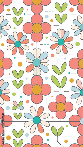 Colorful floral pattern with orange roses and green leaves on white background.