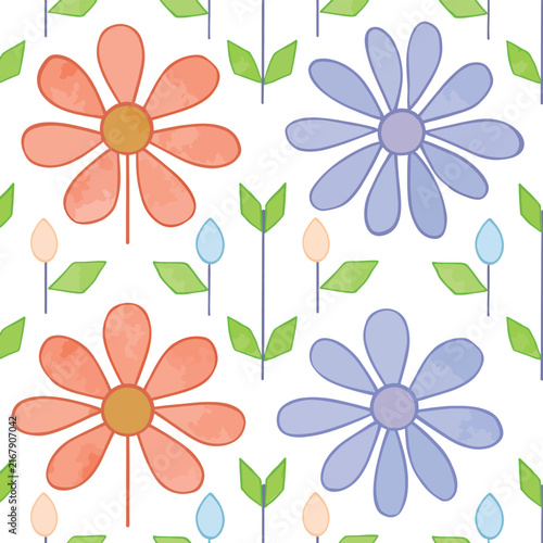 Colorful floral pattern with orange and purple flowers and leaves.