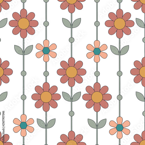 Colorful floral pattern with orange and pink flowers on stems.