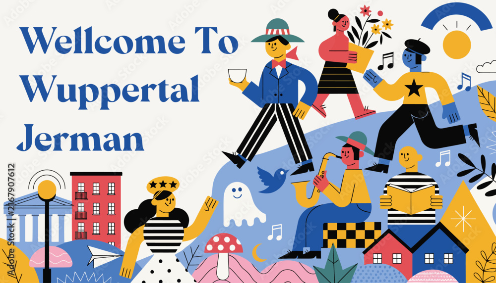 Naklejka premium Welcome to Wuppertal, Germany - Colorful illustration of people enjoying city life