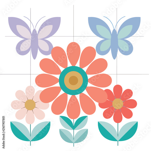 Colorful floral wreath with daisies and roses around a sun.