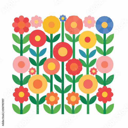 Colorful floral wreath with daisies and poppies on green stems.