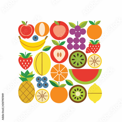 Colorful floral wreath with fruits vegetables and flowers.
