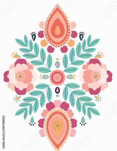 Colorful floral wreath with pink roses and green leaves.