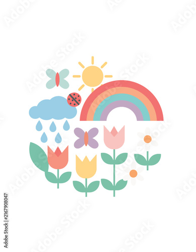 Colorful floral wreath with rainbow and sun design.
