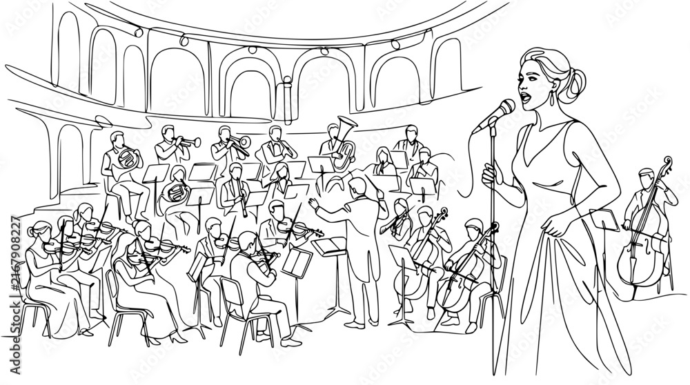 Obraz premium Live Orchestra Performance with Solo Singer on Stage, Line Art