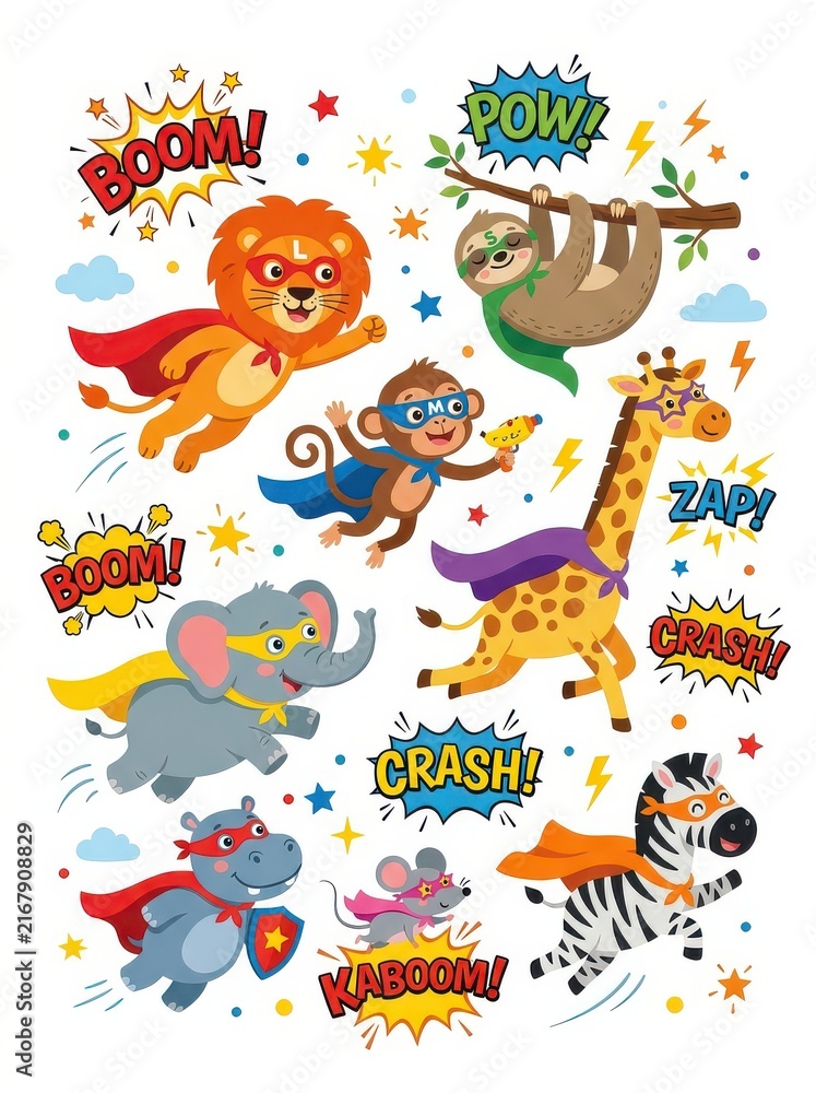 Naklejka premium Cute Cartoon Superhero Animals Collection with Comic Book Action Words and Sound Effects for Kids Design