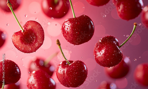 fresh cherries halves and whole cherries floating in mid-air