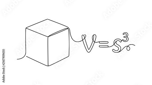 Принти на полотні Cube with Volume Formula V=S³ Drawn in Continuous Line Art on Transparent Backgr