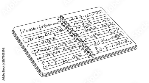 Fotografía Open notebook with complex mathematical formulas and equations, isolated on whit