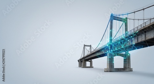 Digital twin bridge infrastructure with glowing wireframe network mesh and data visualization for smart city and civil engineering