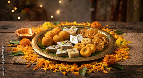 Traditional indian sweets platter with diya lamp and marigold flowers