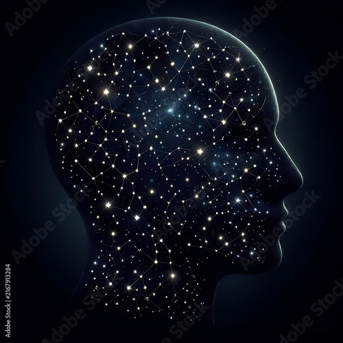 A neurological visualization of a persons profile filled with a star map, where each star represents a memory or thought, connected by fine silver lines, Ai generated image