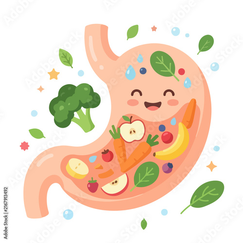 Happy Stomach with Healthy Food 3D Cartoon Illustration 