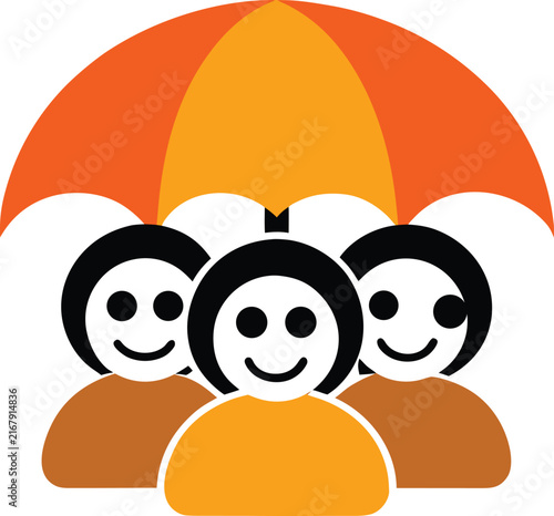 Three people under orange umbrella cartoon on transparent background.