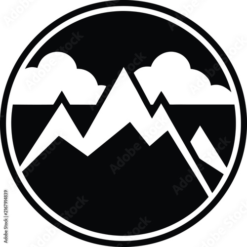 Mountain landscape with clouds in circle badge isolated on transparent background.