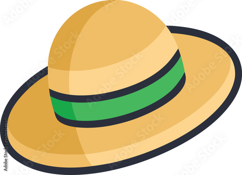 Yellow straw hat with green band on transparent background.