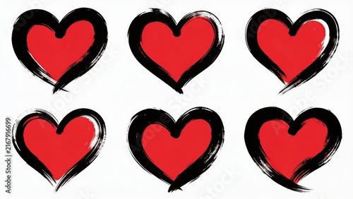 Set of Six Grunge Red Hearts with Rough Black Brush Strokes