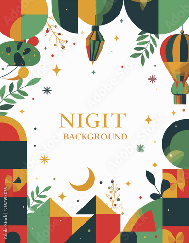 Colorful geometric pattern with abstract shapes and stars.