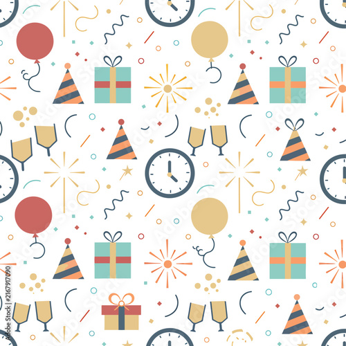 Colorful geometric pattern with clock and buildings illustration.