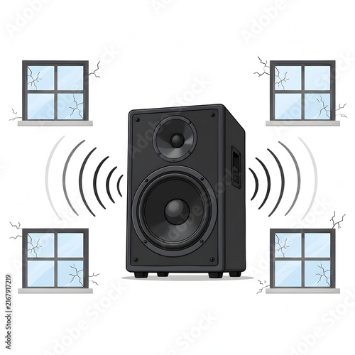 Minimal noise pollution illustration speaker with cracked window sound waves