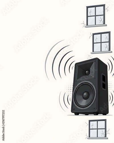 Loud noise pollution speaker with shattered windows and sound wave effect
