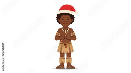 Indigenous boy in Santa hat and traditional attire celebrates Christmas on isolated background