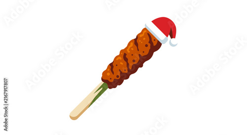 Balinese minced meat satay on lemongrass stick wearing Santa hat for Christmas celebration