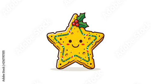 Smiling star shaped cookie with holly leaf decoration for Christmas holiday isolated