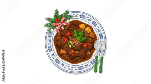 Beef stew on a floral plate with Christmas pine branch for holiday dinner celebration