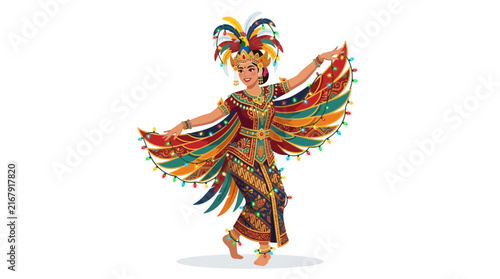 Indonesian woman performing traditional bird dance in colorful costume on transparent background