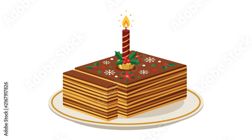 Christmas chocolate layer cake with a lit candle on a plate for holiday celebration