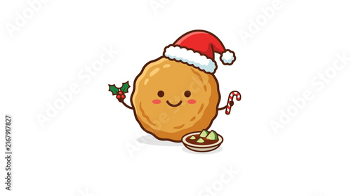 Pempek mascot wearing a Santa hat celebrating Christmas with candy cane and sauce bowl