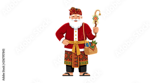 Indonesian Santa Claus in traditional Balinese attire holding a staff and gift basket