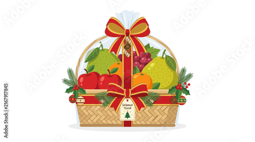 Illustration of a Christmas fruit hamper with batik ribbon and greeting tag for holiday gifts