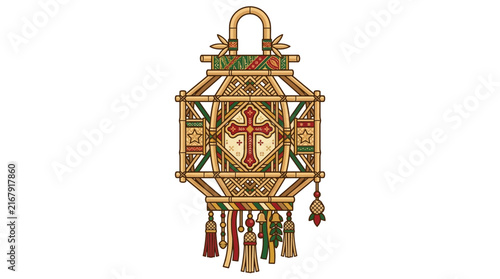Traditional bamboo lantern with cross and tassels for religious celebration isolated on transparent